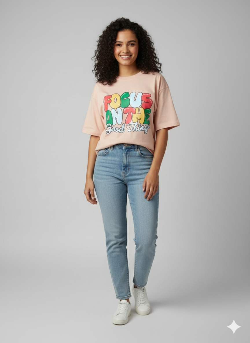 Female Oversized Graphic T-Shirt- Light Peach II Focus Graphic Print I Zippy by Crayzippy