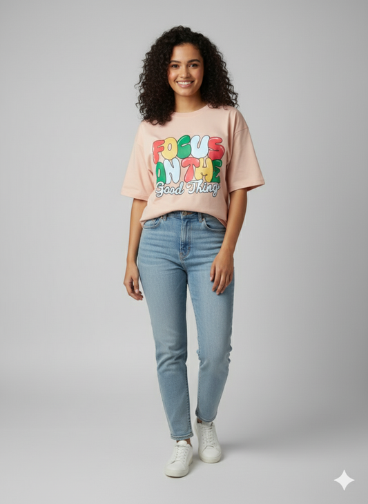 Female Oversized Graphic T-Shirt- Light Peach II Focus Graphic Print I Zippy by Crayzippy