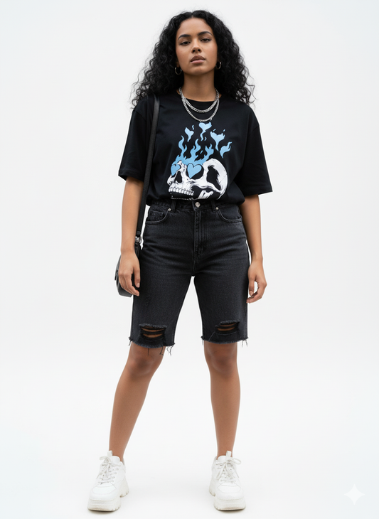 Oversized Graphic T-Shirt- Black | Skeleton and Blue Flame Print I Zippy by Crayzippy