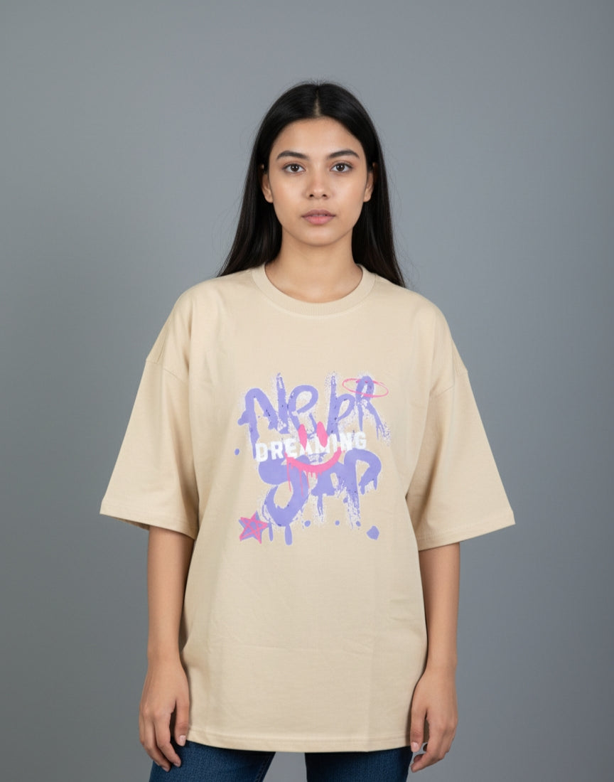 Female Oversized Graphic T-Shirt- Beige II Dreaming Graphic Print I Zippy by Crayzippy
