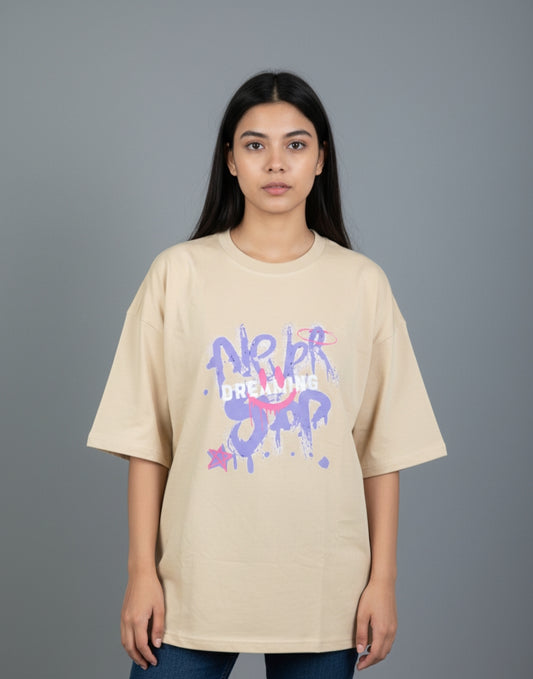 Female Oversized Graphic T-Shirt- Beige II Dreaming Graphic Print I Zippy by Crayzippy