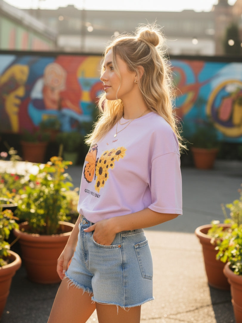 Female Oversized Graphic T-Shirt- Purple II Butterfly Graphic Print I Zippy by Crayzippy