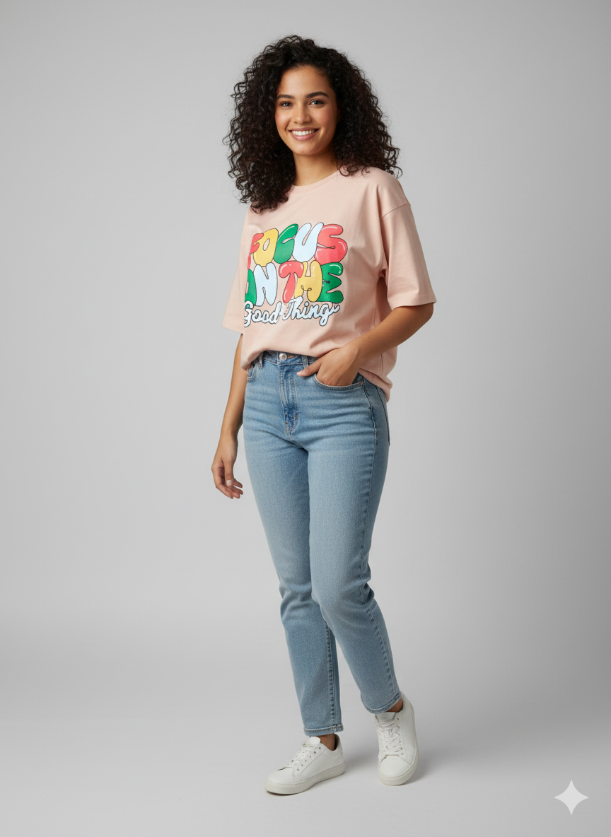 Female Oversized Graphic T-Shirt- Light Peach II Focus Graphic Print I Zippy by Crayzippy